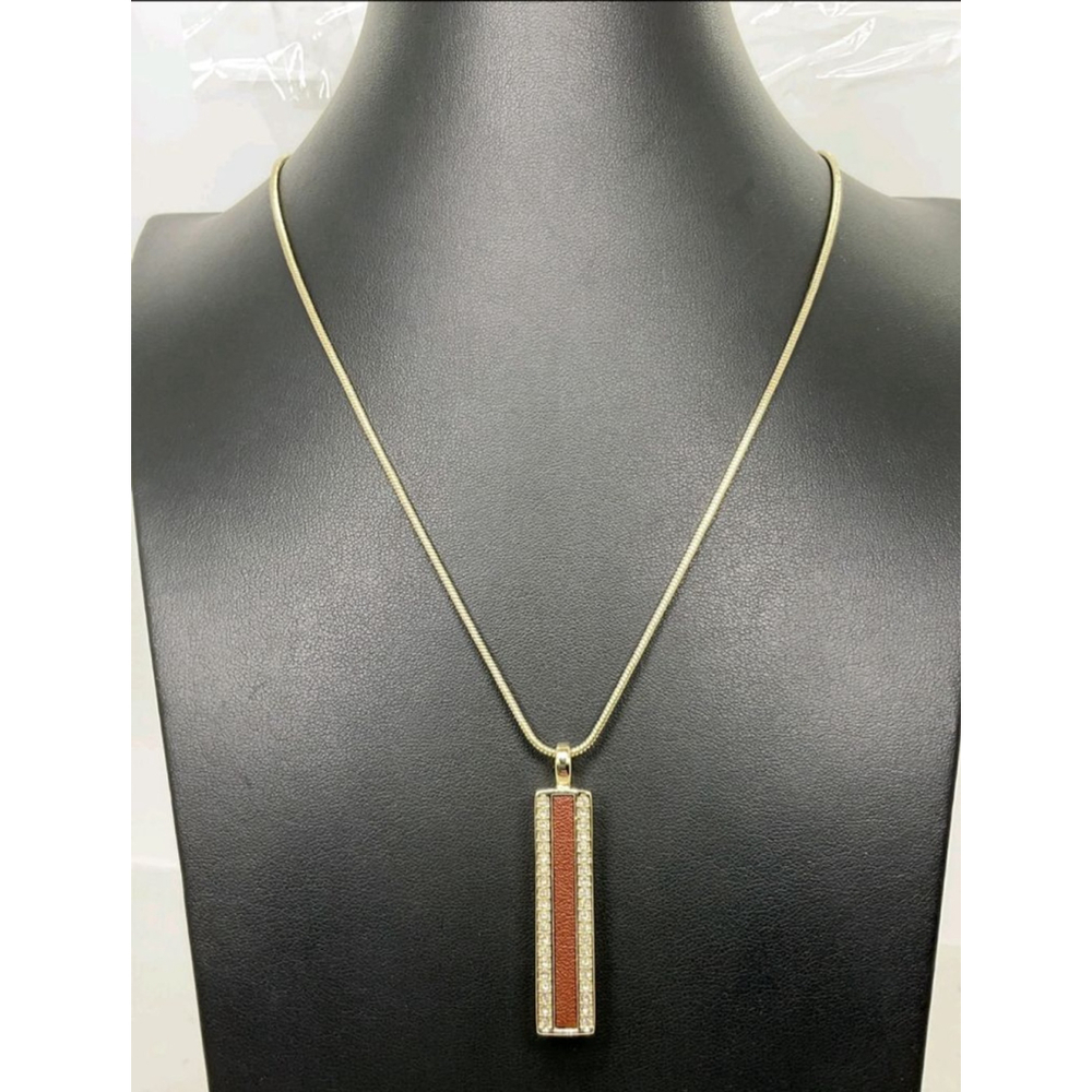 NWT White House Black Market Brown Leather Inlay Pendant Necklace 36”